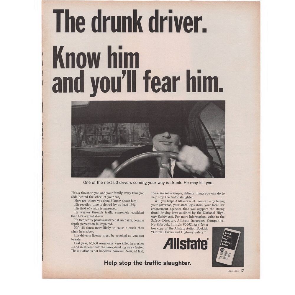 Allstate Auto Insurance Magazine Advertisement 1969 Vtg Drunk Driver Accident